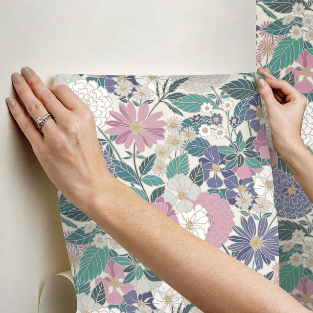 Bohemian Floral Beige Peel & Stick Wallpaper with Traditional Botanical Flower Pattern - York RMK12589PLW