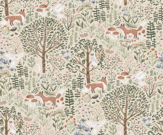 Clara Jean Folklore Forest Almond Peel & Stick Wallpaper with Scandinavian Animal Motif - York RMK12591PLW