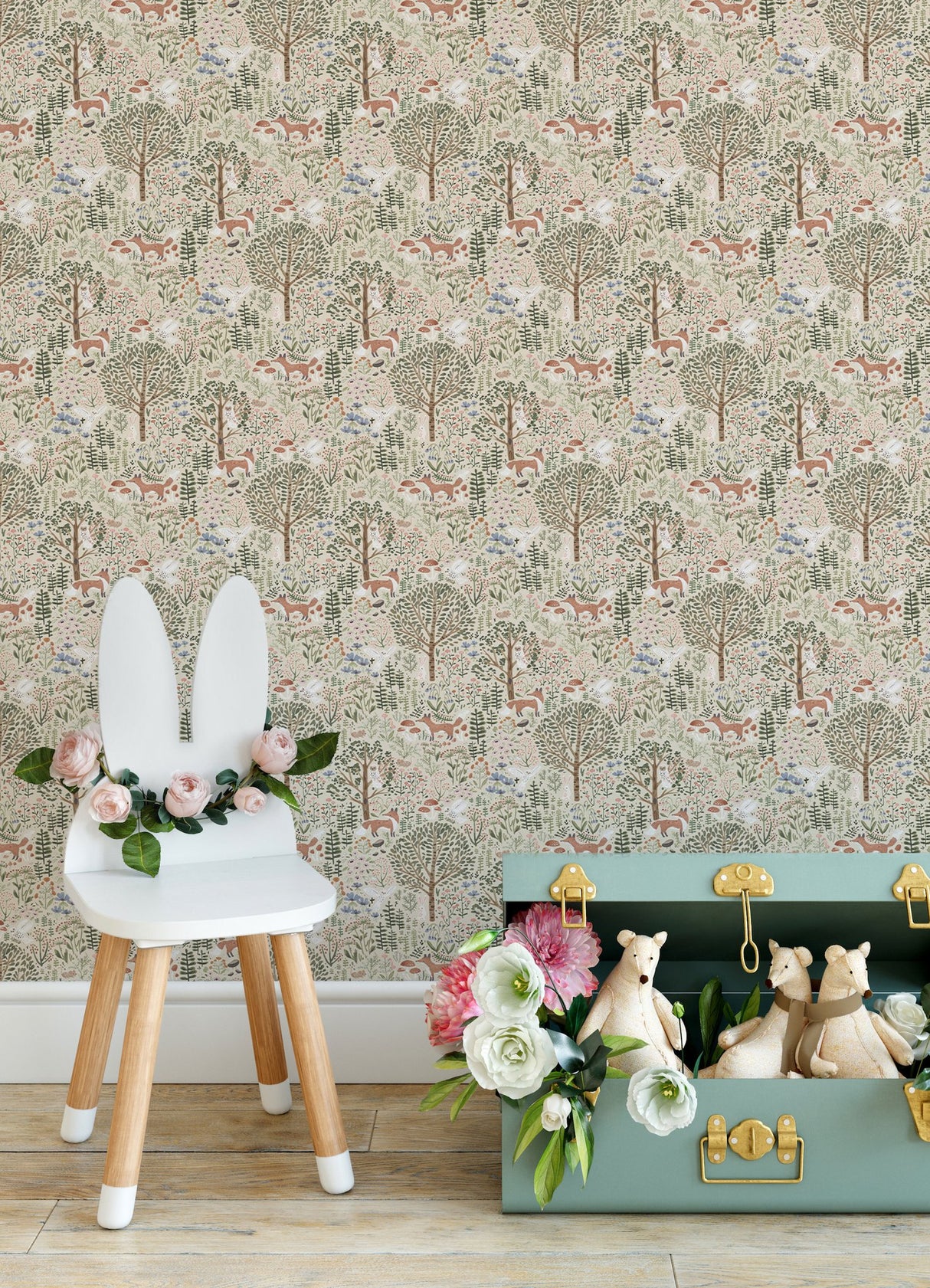 Clara Jean Folklore Forest Almond Peel & Stick Wallpaper with Scandinavian Animal Motif - York RMK12591PLW