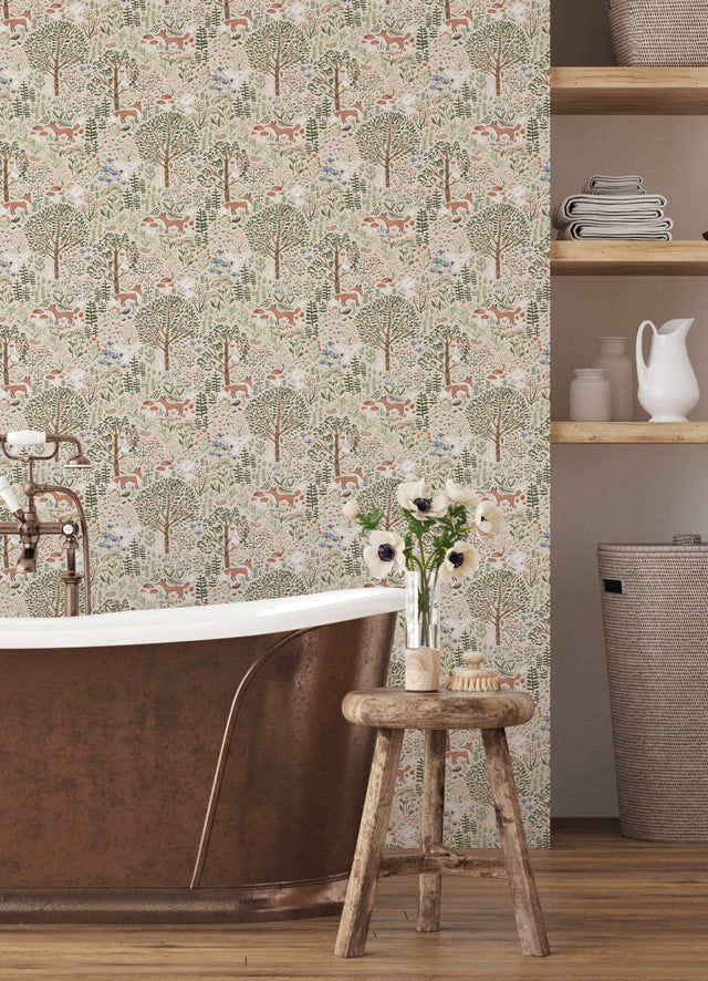 Clara Jean Folklore Forest Almond Peel & Stick Wallpaper with Scandinavian Animal Motif - York RMK12591PLW