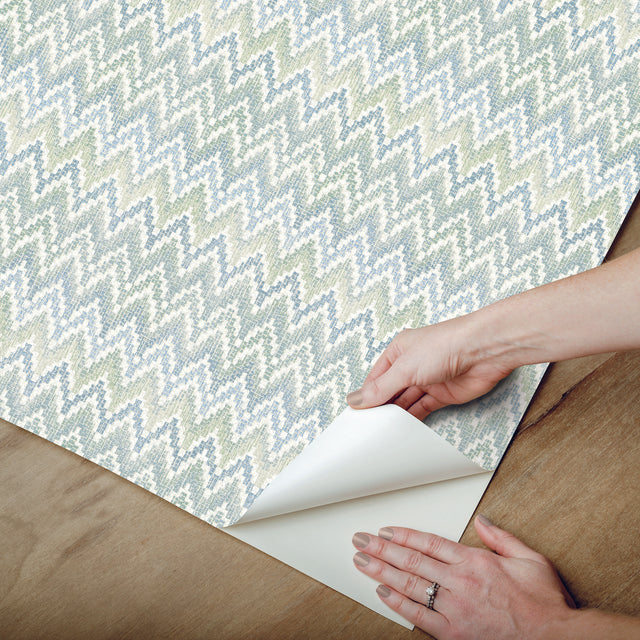 Waverly Heartbeat Green/Blue Peel & Stick Wallpaper with Chevron Botanical Pattern - York RMK12601PL