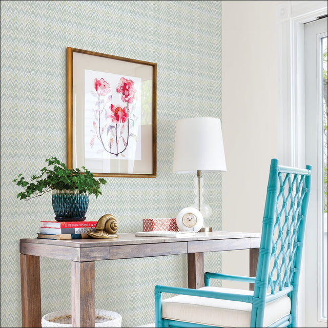 Waverly Heartbeat Green/Blue Peel & Stick Wallpaper with Chevron Botanical Pattern - York RMK12601PL