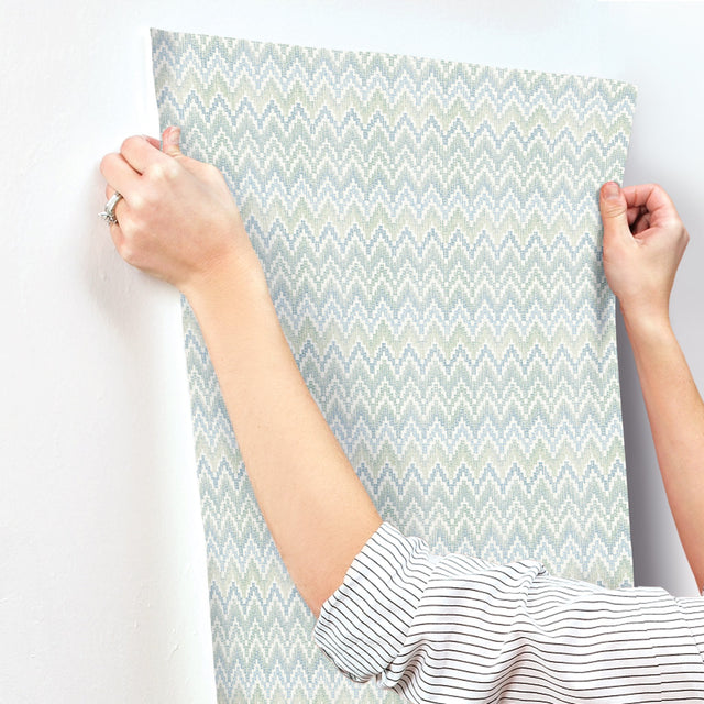 Waverly Heartbeat Green/Blue Peel & Stick Wallpaper with Chevron Botanical Pattern - York RMK12601PL