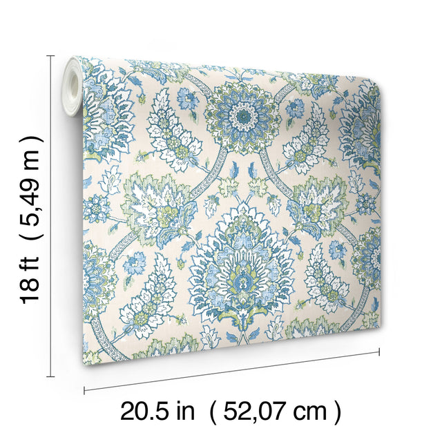 Waverly Clifton Hall Blue/Green Jacobean Floral Peel & Stick Wallpaper - RoomMates RMK12607PLW
