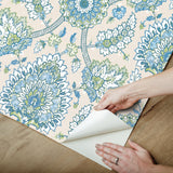 Waverly Clifton Hall Blue/Green Jacobean Floral Peel & Stick Wallpaper - RoomMates RMK12607PLW