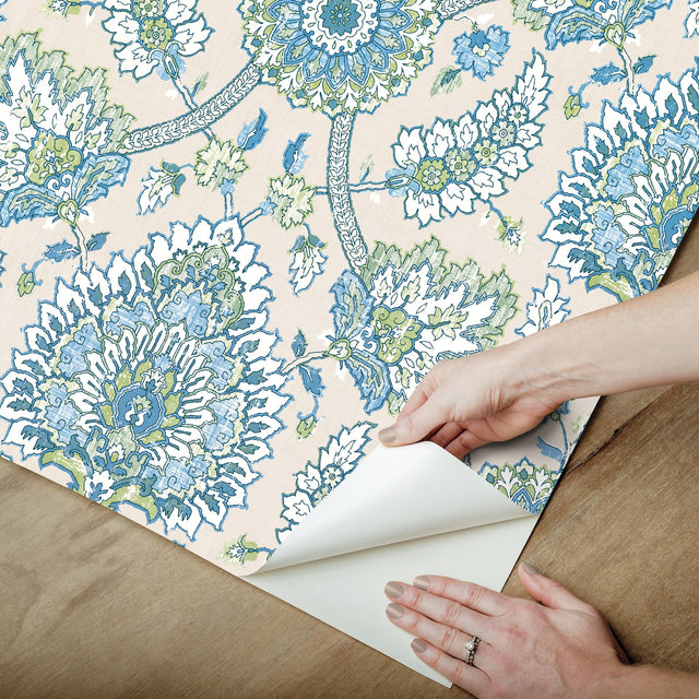 Waverly Clifton Hall Blue/Green Jacobean Floral Peel & Stick Wallpaper - RoomMates RMK12607PLW