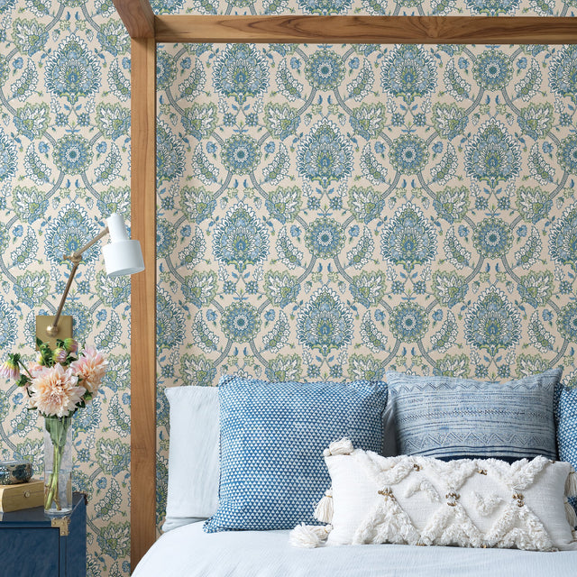 Waverly Clifton Hall Blue/Green Jacobean Floral Peel & Stick Wallpaper - RoomMates RMK12607PLW