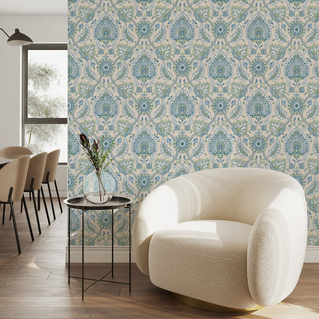 Waverly Clifton Hall Blue/Green Jacobean Floral Peel & Stick Wallpaper - RoomMates RMK12607PLW