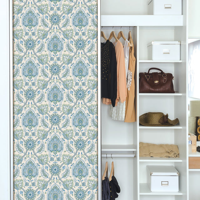 Waverly Clifton Hall Blue/Green Jacobean Floral Peel & Stick Wallpaper - RoomMates RMK12607PLW