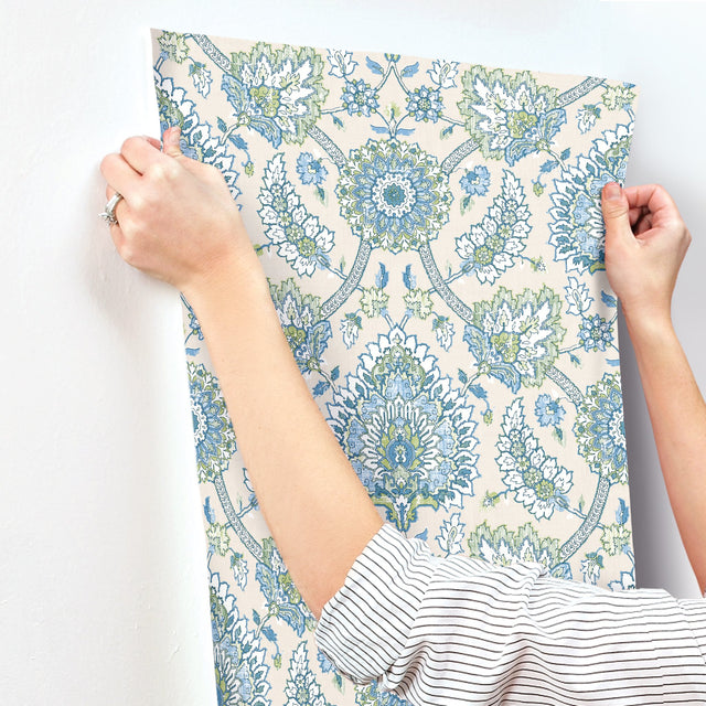Waverly Clifton Hall Blue/Green Jacobean Floral Peel & Stick Wallpaper - RoomMates RMK12607PLW