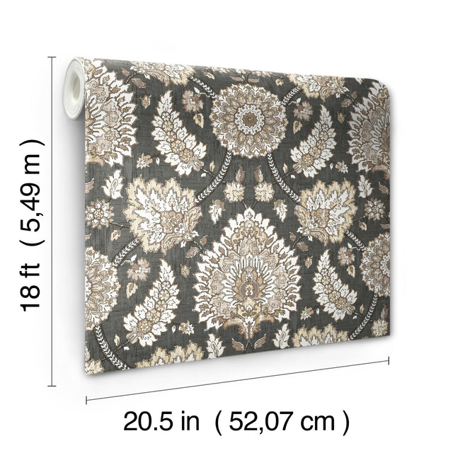 Waverly Clifton Hall Charcoal Peel & Stick Wallpaper with Traditional Jacobean Floral Pattern - York RMK12608PLW