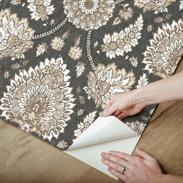 Waverly Clifton Hall Charcoal Peel & Stick Wallpaper with Traditional Jacobean Floral Pattern - York RMK12608PLW