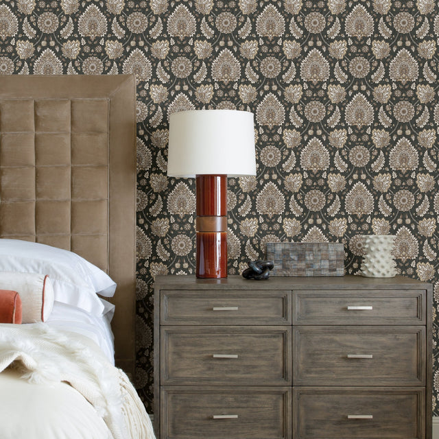 Waverly Clifton Hall Charcoal Peel & Stick Wallpaper with Traditional Jacobean Floral Pattern - York RMK12608PLW