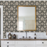 Waverly Clifton Hall Charcoal Peel & Stick Wallpaper with Traditional Jacobean Floral Pattern - York RMK12608PLW