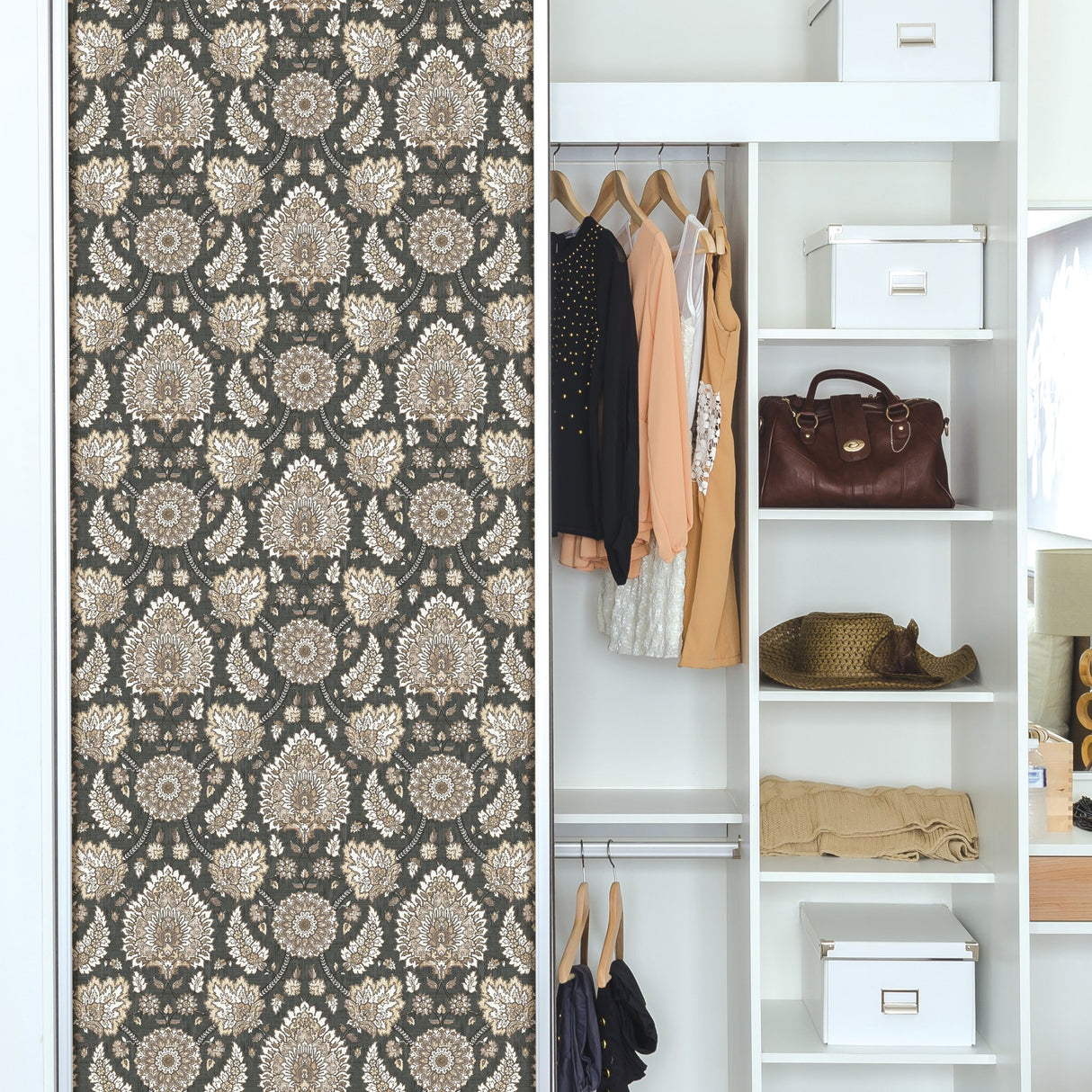 Waverly Clifton Hall Charcoal Peel & Stick Wallpaper with Traditional Jacobean Floral Pattern - York RMK12608PLW