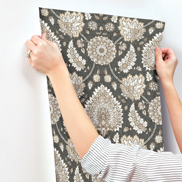 Waverly Clifton Hall Charcoal Peel & Stick Wallpaper with Traditional Jacobean Floral Pattern - York RMK12608PLW