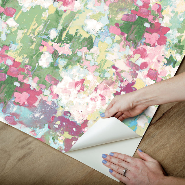 Waverly Abstract Garden Pink Peel & Stick Wallpaper with Whimsical Abstract Floral Pattern - York RMK12609PLW