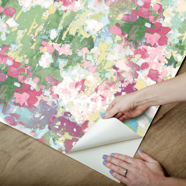 Waverly Abstract Garden Pink Peel & Stick Wallpaper with Whimsical Abstract Floral Pattern - York RMK12609PLW SAMPLE