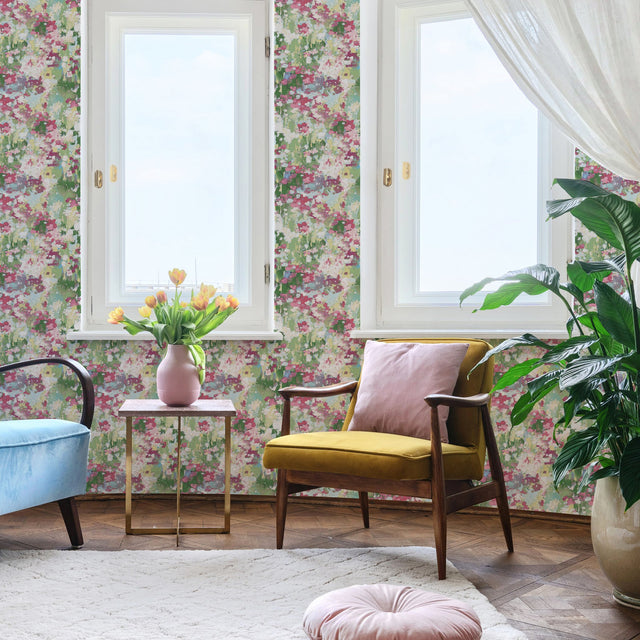 Waverly Abstract Garden Pink Peel & Stick Wallpaper with Whimsical Abstract Floral Pattern - York RMK12609PLW