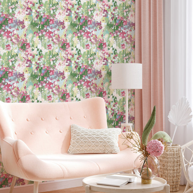 Waverly Abstract Garden Pink Peel & Stick Wallpaper with Whimsical Abstract Floral Pattern - York RMK12609PLW