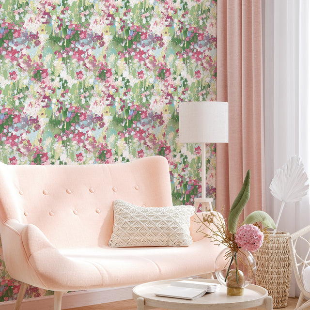 Waverly Abstract Garden Pink Peel & Stick Wallpaper with Whimsical Abstract Floral Pattern - York RMK12609PLW SAMPLE