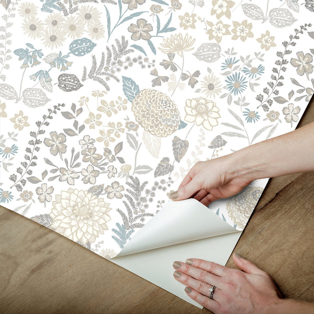 Waverly Fiona Floral Neutral Peel & Stick Vinyl Wallpaper with Botanical Flower Pattern, Traditional Style - York RMK12612PLW