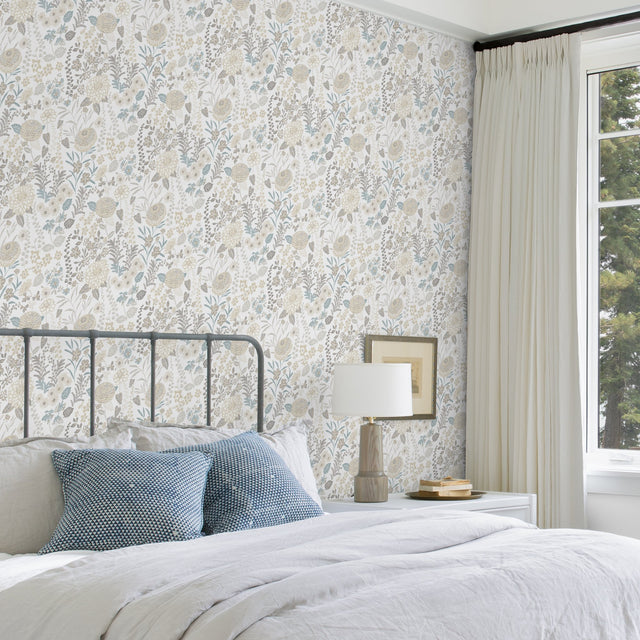 Waverly Fiona Floral Neutral Peel & Stick Vinyl Wallpaper with Botanical Flower Pattern, Traditional Style - York RMK12612PLW