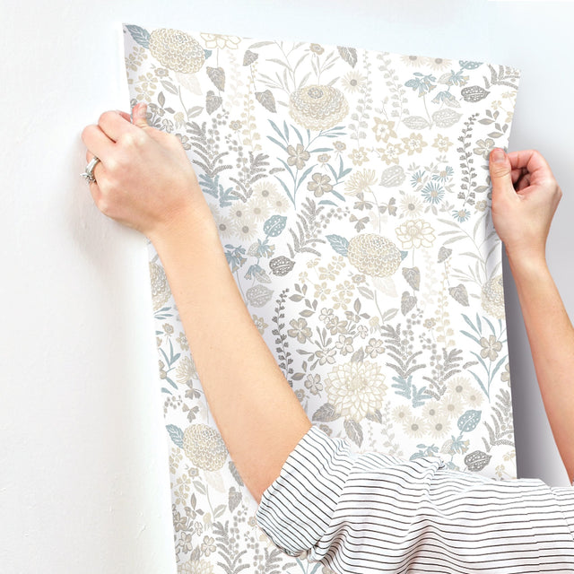 Waverly Fiona Floral Neutral Peel & Stick Vinyl Wallpaper with Botanical Flower Pattern, Traditional Style - York RMK12612PLW