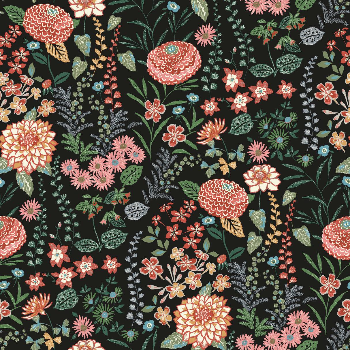 Waverly Fiona Floral Black Peel & Stick Wallpaper with Traditional Botanical Flowers - York RMK12613PLW