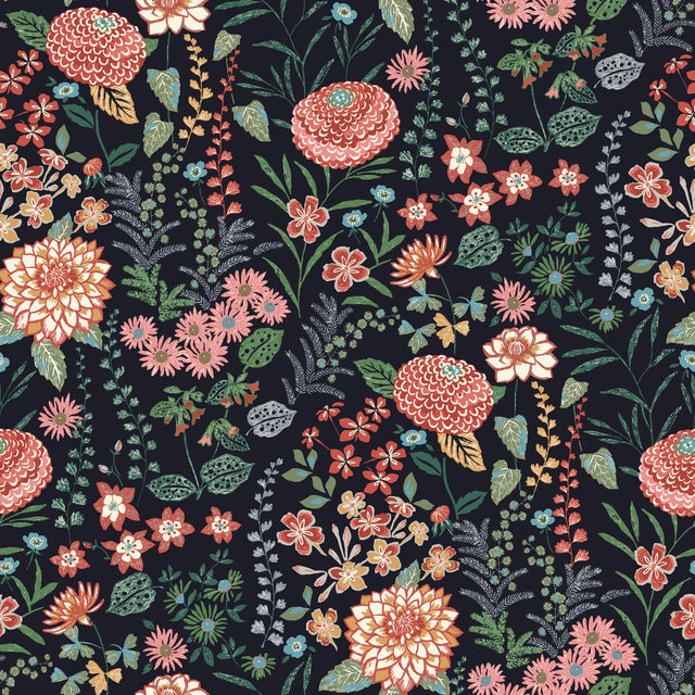 Waverly Fiona Floral Black Peel & Stick Wallpaper with Traditional Botanical Flowers - York RMK12613PLW