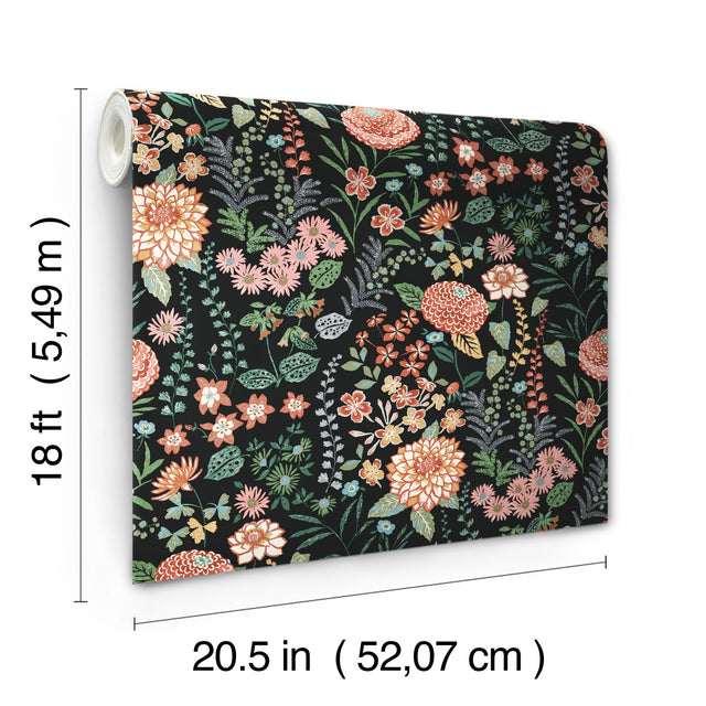 Waverly Fiona Floral Black Peel & Stick Wallpaper with Traditional Botanical Flowers - York RMK12613PLW