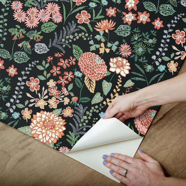 Waverly Fiona Floral Black Peel & Stick Wallpaper with Traditional Botanical Flowers - York RMK12613PLW