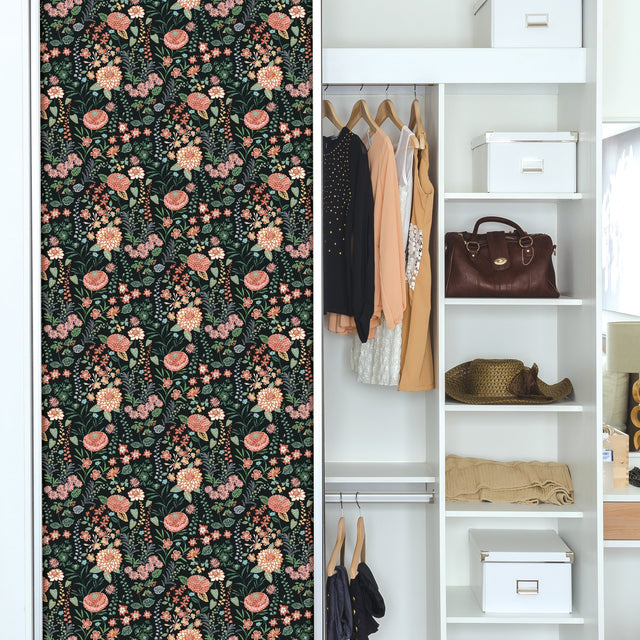 Waverly Fiona Floral Black Peel & Stick Wallpaper with Traditional Botanical Flowers - York RMK12613PLW