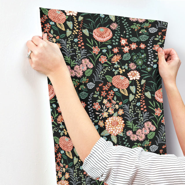 Waverly Fiona Floral Black Peel & Stick Wallpaper with Traditional Botanical Flowers - York RMK12613PLW