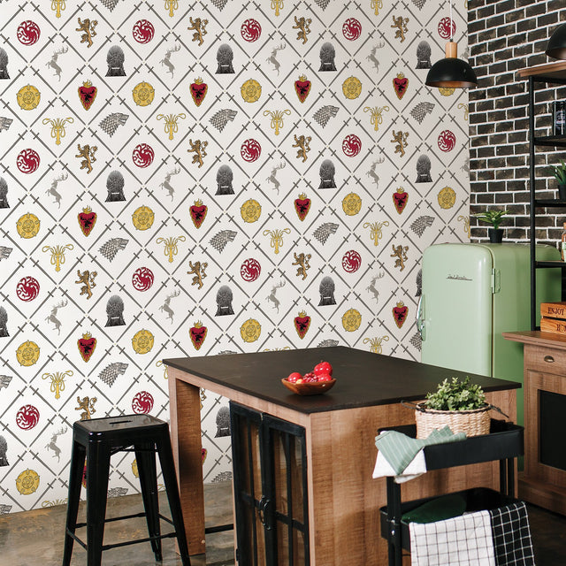Game of Thrones House Sigils Multicolor Peel & Stick Wallpaper with Damask Graphic Pattern, Feature Wall - York RMK12618RL