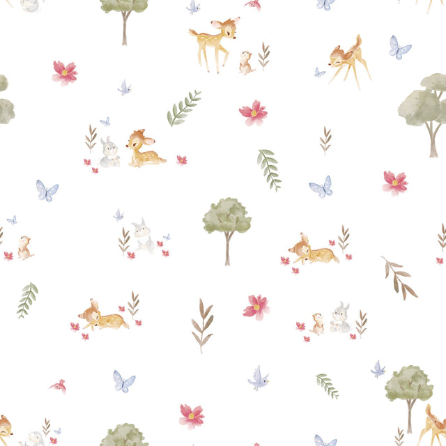Bambi Watercolor White Peel & Stick Wallpaper with Whimsical Deer & Forest Motif - York RMK12621RL
