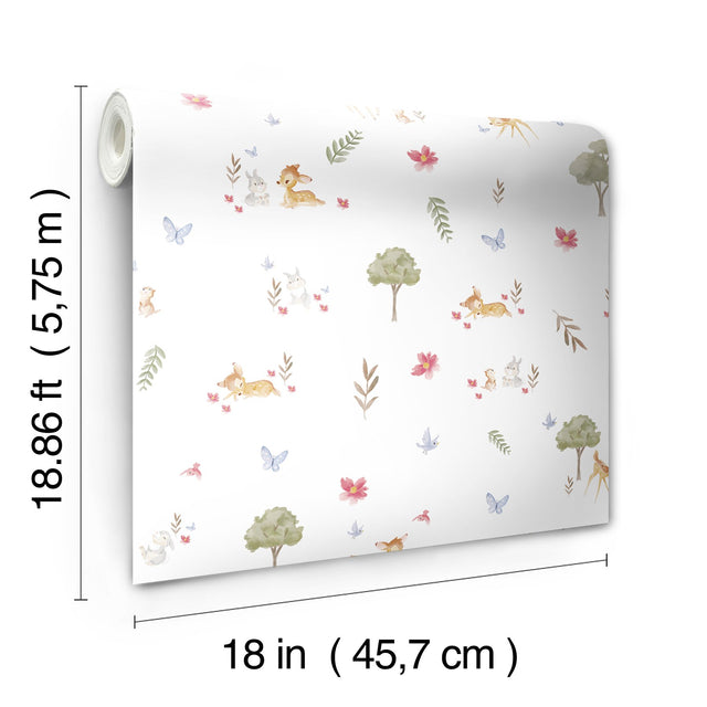 Bambi Watercolor White Peel & Stick Wallpaper with Whimsical Deer & Forest Motif - York RMK12621RL