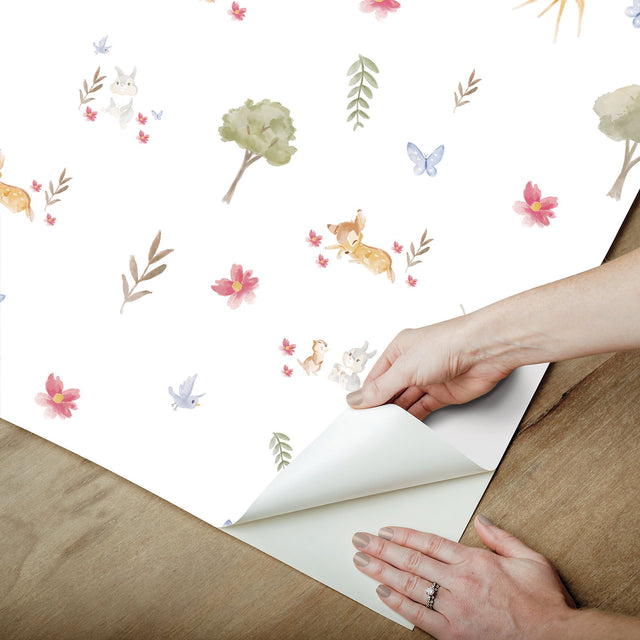Bambi Watercolor White Peel & Stick Wallpaper with Whimsical Deer & Forest Motif - York RMK12621RL