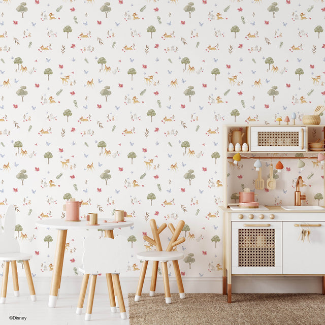 Bambi Watercolor White Peel & Stick Wallpaper with Whimsical Deer & Forest Motif - York RMK12621RL