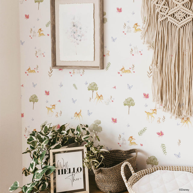 Bambi Watercolor White Peel & Stick Wallpaper with Whimsical Deer & Forest Motif - York RMK12621RL