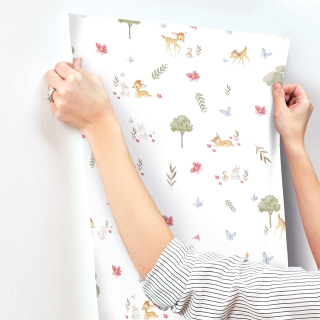 Bambi Watercolor White Peel & Stick Wallpaper with Whimsical Deer & Forest Motif - York RMK12621RL