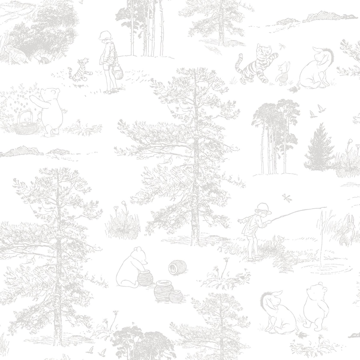 Winnie The Pooh Grey Toile Peel & Stick Wallpaper with Disney Novelty Kids Style - York RMK12623RL
