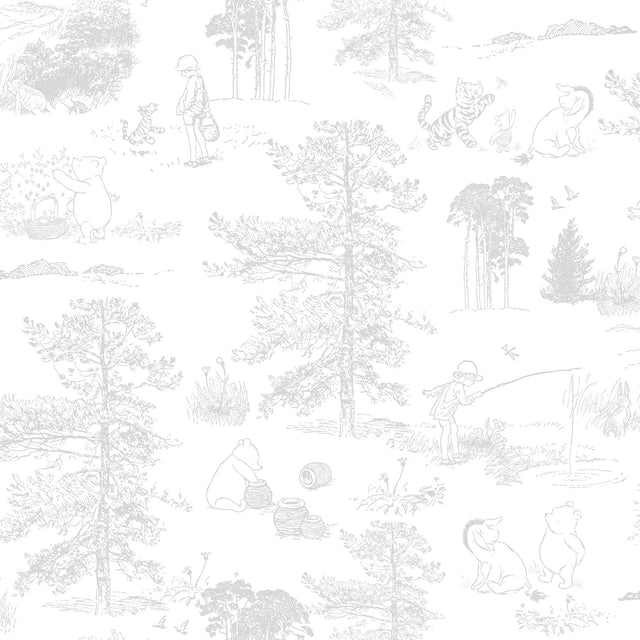 Winnie The Pooh Grey Toile Peel & Stick Wallpaper with Disney Novelty Kids Style - York RMK12623RL