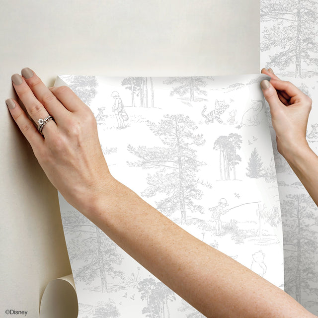 Winnie The Pooh Grey Toile Peel & Stick Wallpaper with Disney Novelty Kids Style - York RMK12623RL