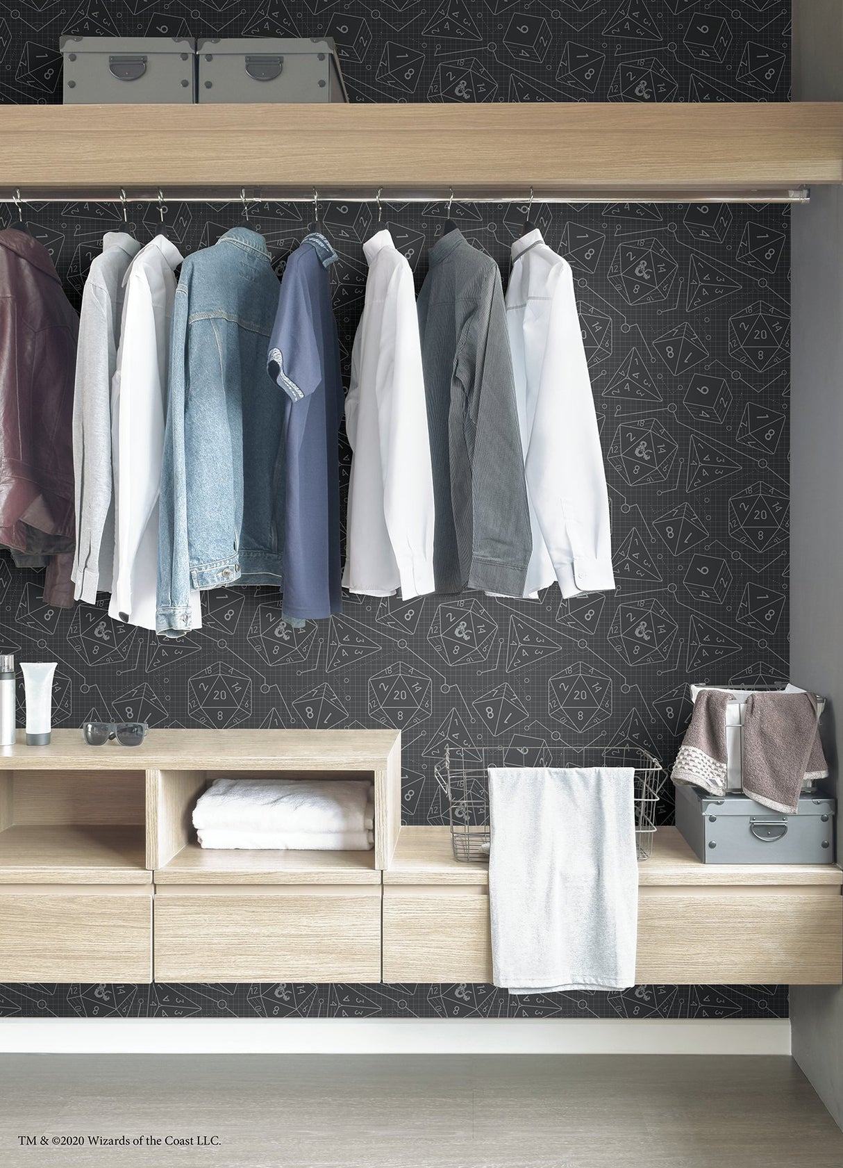 Dungeons & Dragons Charcoal Peel & Stick Wallpaper with Geometric Dice Pattern - RoomMates RMK12625RL