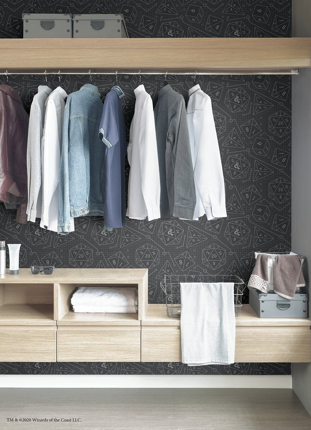 Dungeons & Dragons Charcoal Peel & Stick Wallpaper with Geometric Dice Pattern - RoomMates RMK12625RL