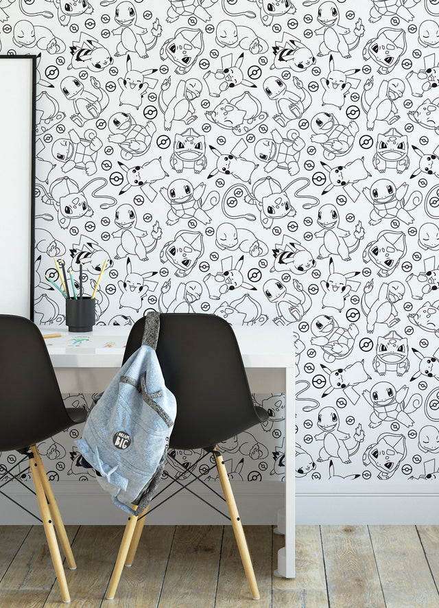 Pokémon Black Peel & Stick Wallpaper with Character Faces Line Art - York RMK12626RL