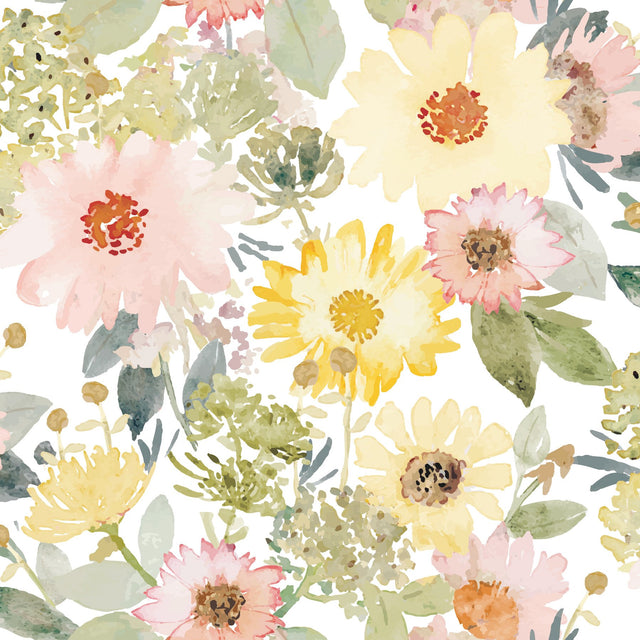 Southern Charm Yellow Peel & Stick Wallpaper with Botanical Watercolor Floral - York RMK12630RL