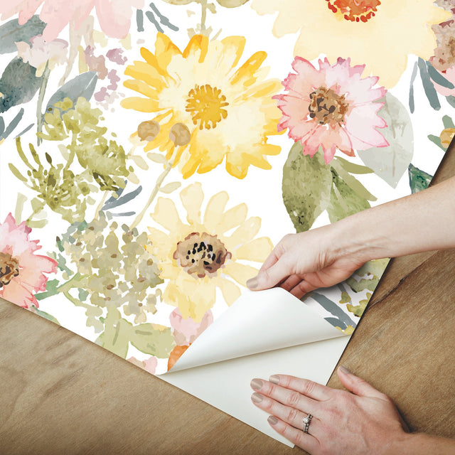 Southern Charm Yellow Peel & Stick Wallpaper with Botanical Watercolor Floral - York RMK12630RL
