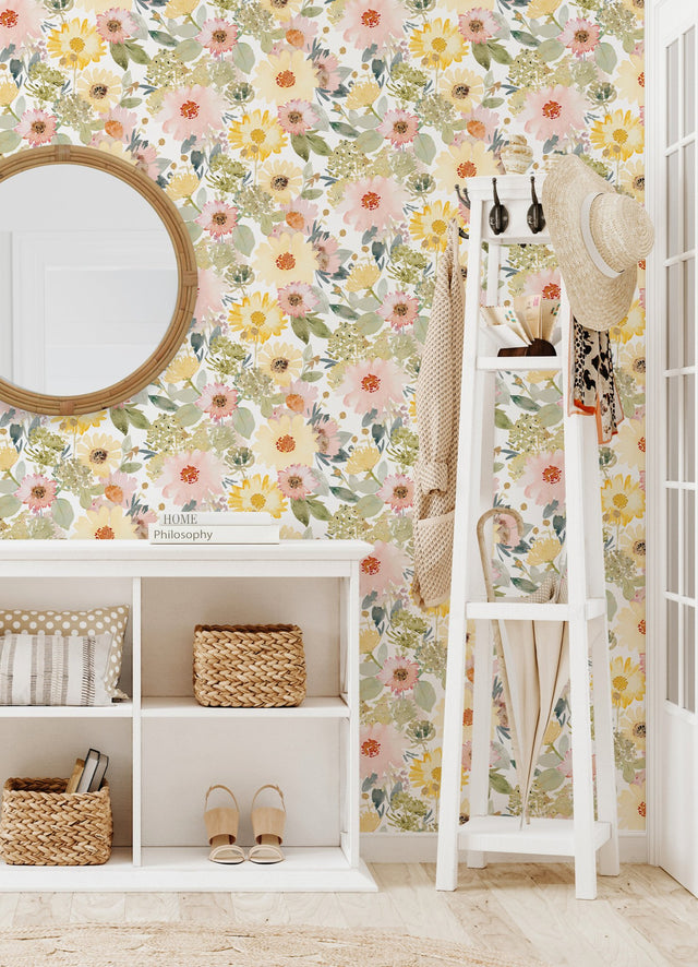 Southern Charm Yellow Peel & Stick Wallpaper with Botanical Watercolor Floral - York RMK12630RL